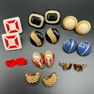 Lot of 9 pairs vintage clip on earrings Metal, enamel, rhinestone Monet Napier